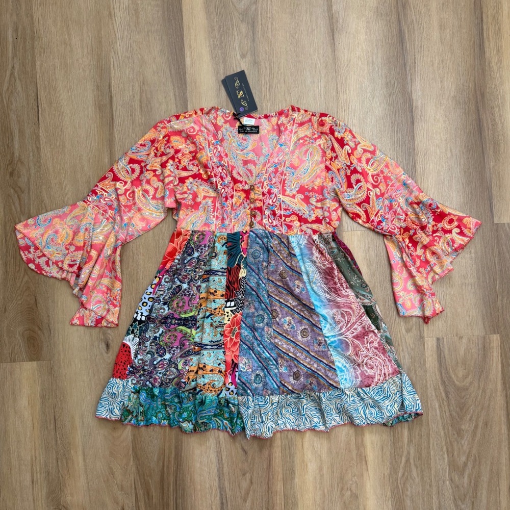 Silk Blend Patchwork Boho Fairy Bell Sleeve tunic mini dress L/XL whimsy paisley - Picture 2 of 7
